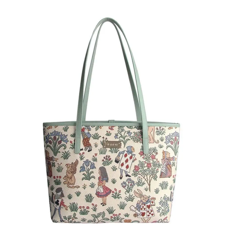 Alice in Wonderland Tapestry Large College Tote Shoulder Grab Bag Cream - COLL-ALICE