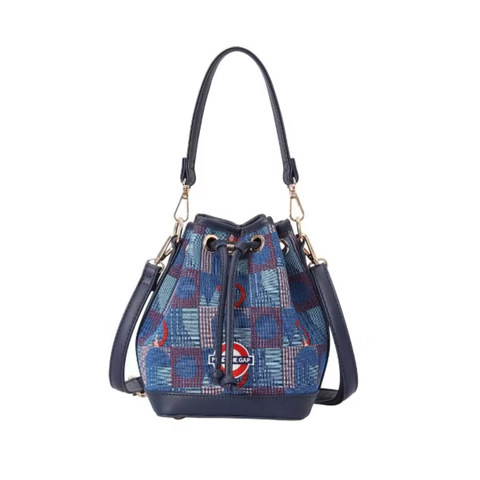 Bucket-shaped handbag in London underground Piccadily moquettes with “Mind the Gap” emblem - BUCK-TFL-PICCA-GAP