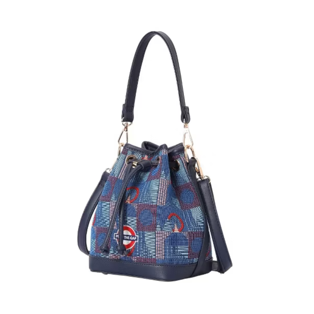 Bucket-shaped handbag in London underground Piccadily moquettes with “Mind the Gap” emblem - BUCK-TFL-PICCA-GAP