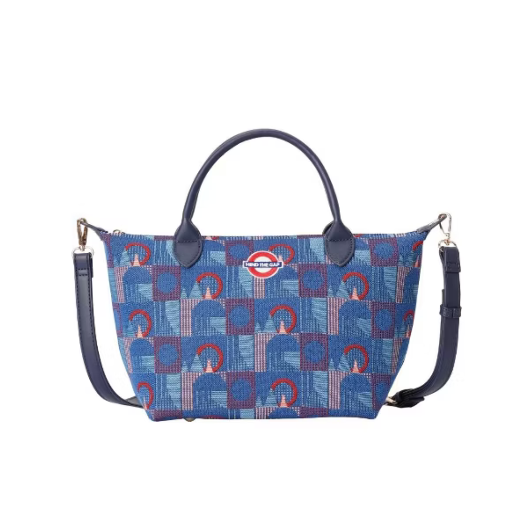Top handle Grab Handbag in London underground Piccadily moquettes with “Mind the Gap” emblem - GRAB-TFL-PICCA-GAP
