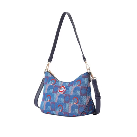Moon-shaped handbag in London underground Piccadily moquettes with Red Roundel - MOON-TFL-PICCA-RED