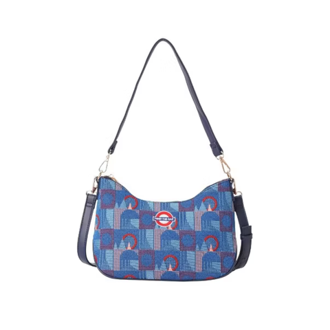 Moon-shaped handbag in London underground Piccadily moquettes with “Mind the Gap” emblem - MOON-TFL-PICCA-GAP