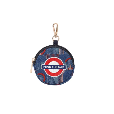 Round coin purse London Underground Piccadilly moquette with “Mind the Gap” emblem - BUBBLE-TFL-PICCA-GAP