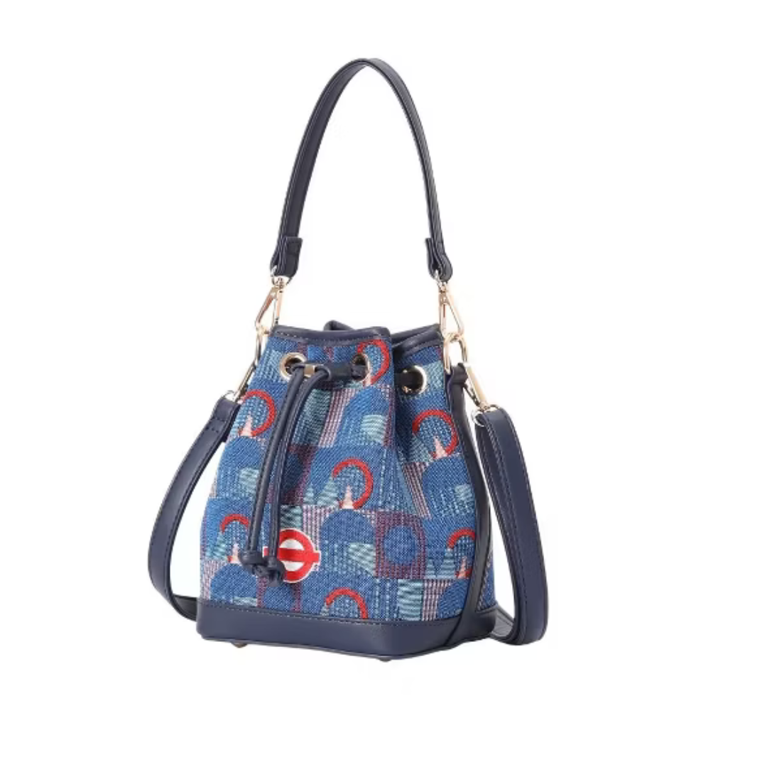 Bucket-shaped handbag in London underground Piccadily moquettes with Red Roundel - BUCK-TFL-PICCA-RED